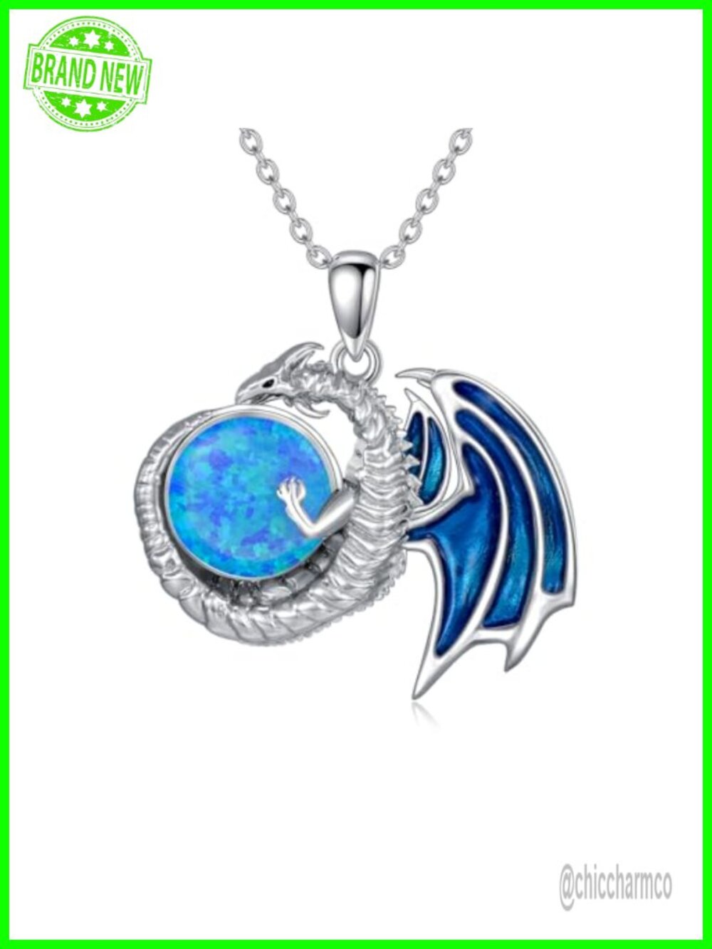 Sterling Silver Dragon Necklace Opal Pendant 18+2" Chain